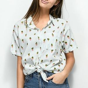 Zumiez Empyre Cactus Plant Blue and White Stripe Button Down Shirt